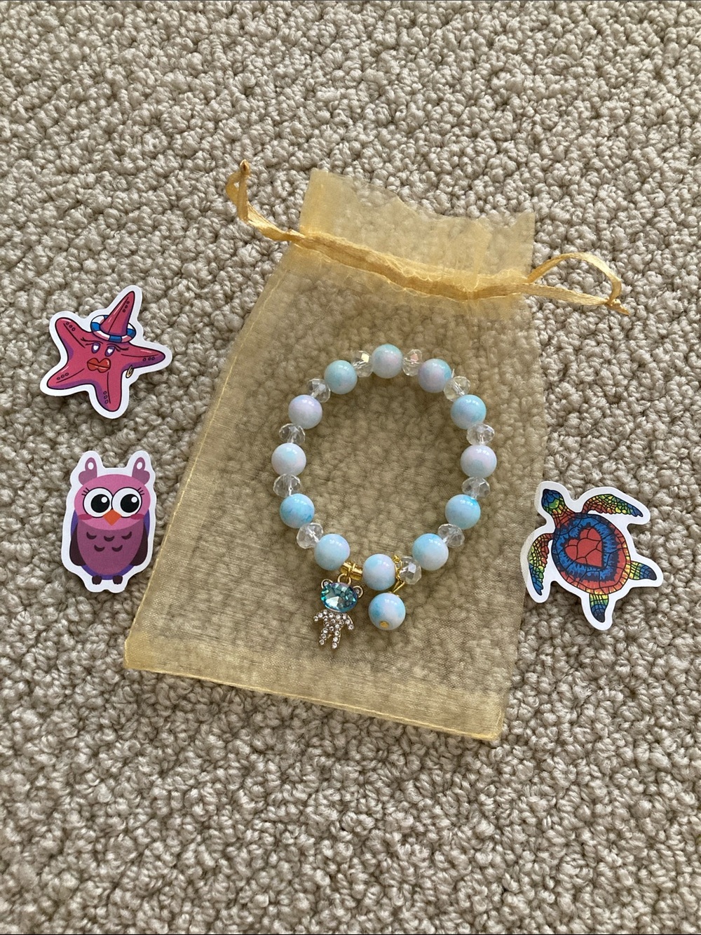 Kids Blue Beaded Charm Bracelet with Sparkle Turtle Charm